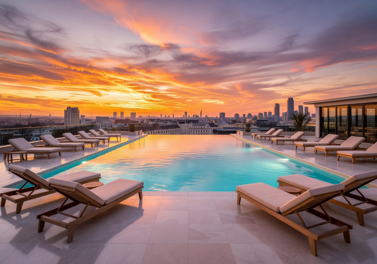 Corinthia rooftop pool sunset
