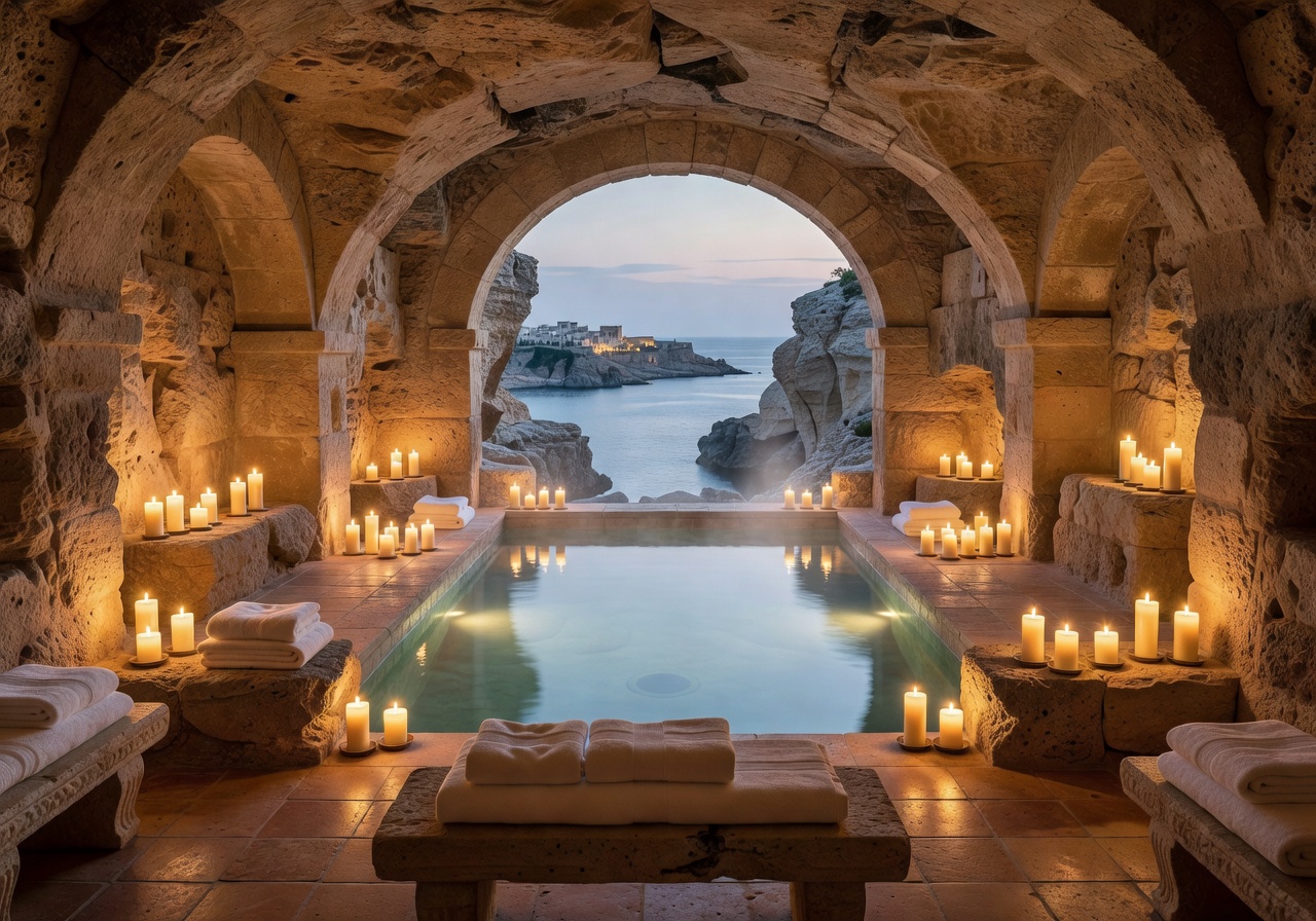 Luxury Mediterranean spa wellness candle-lit pool Malta