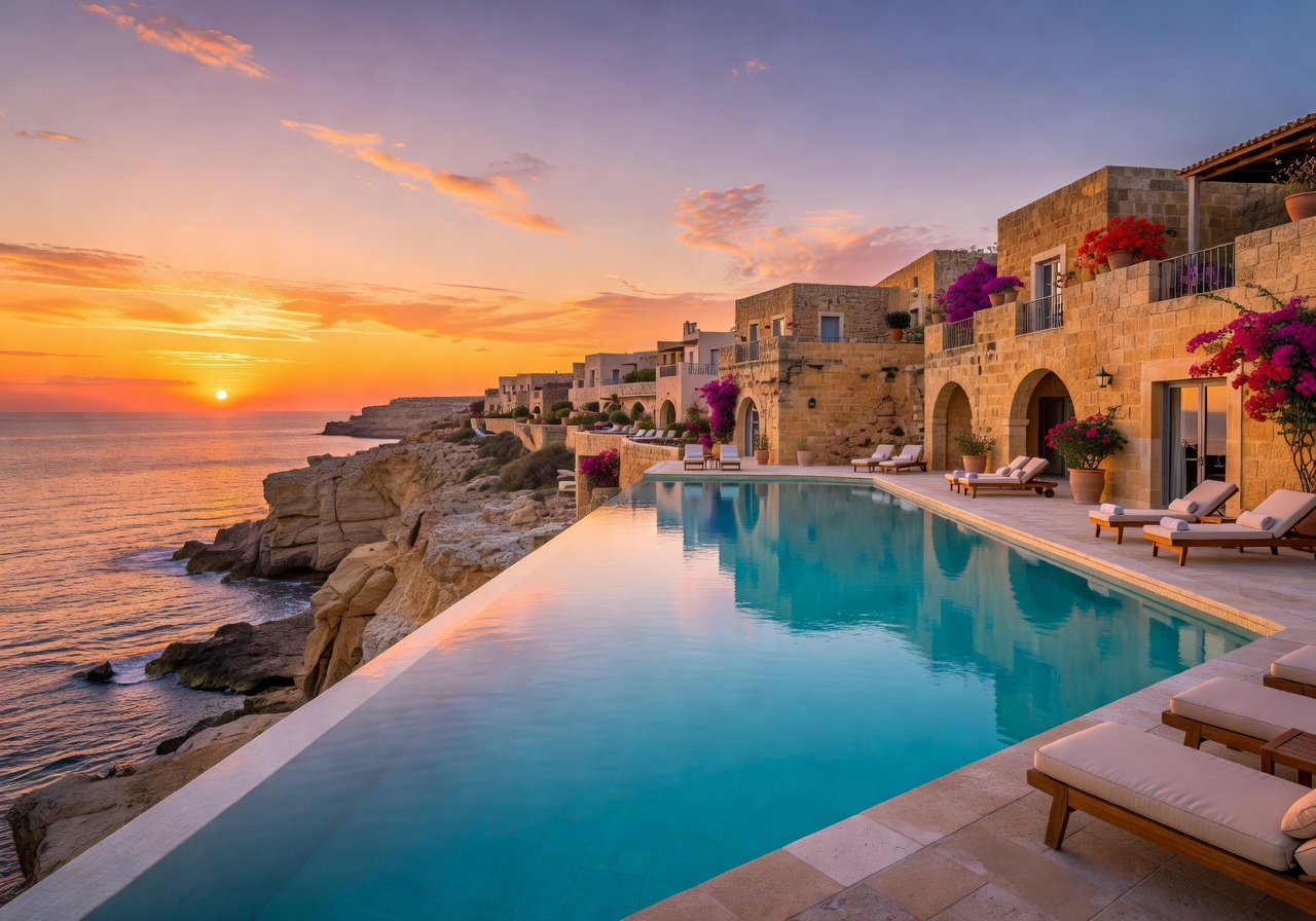 Malta luxury Mediterranean resort at sunset with infinity pool