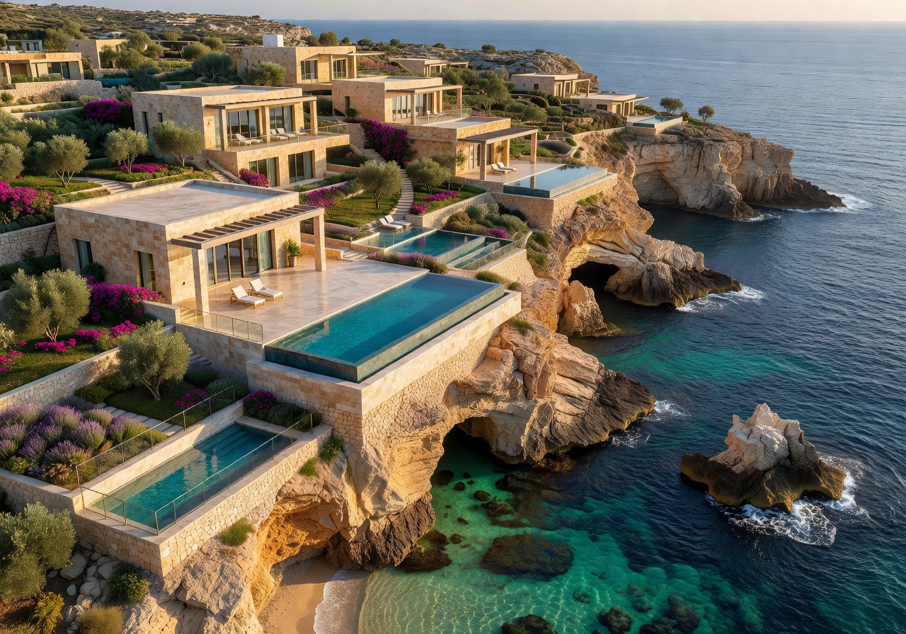 Malta luxury resort Mediterranean coastline aerial view